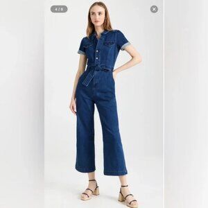 PAIGE Anessa Short Sleeve Denim Jumpsuit with Stretch, Size 6